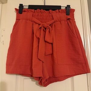 Women's Coral Paper bag Tie-Waist Shorts